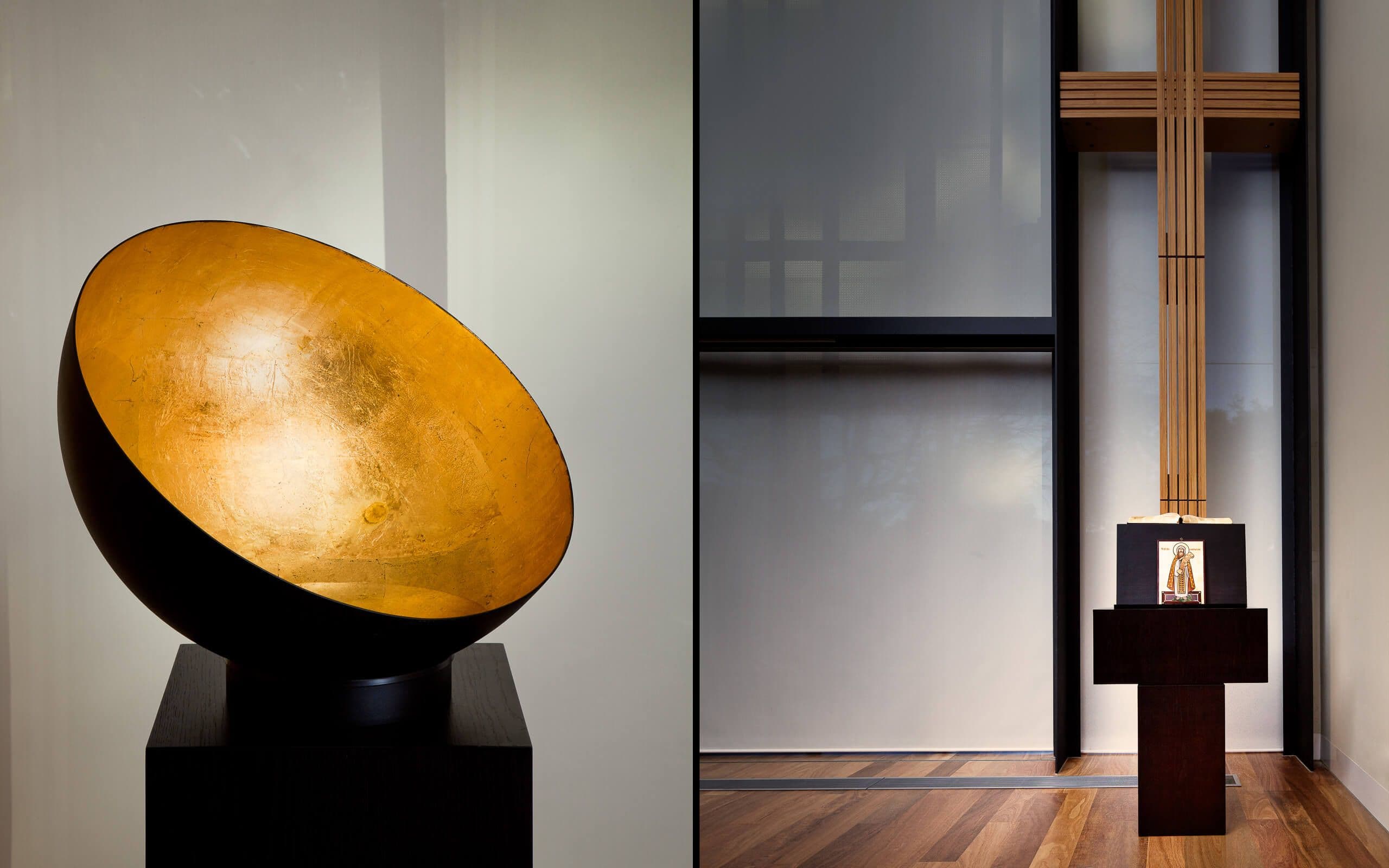 Multi shot. A decorative black and gold bowl, and a plinth on a curate stage
