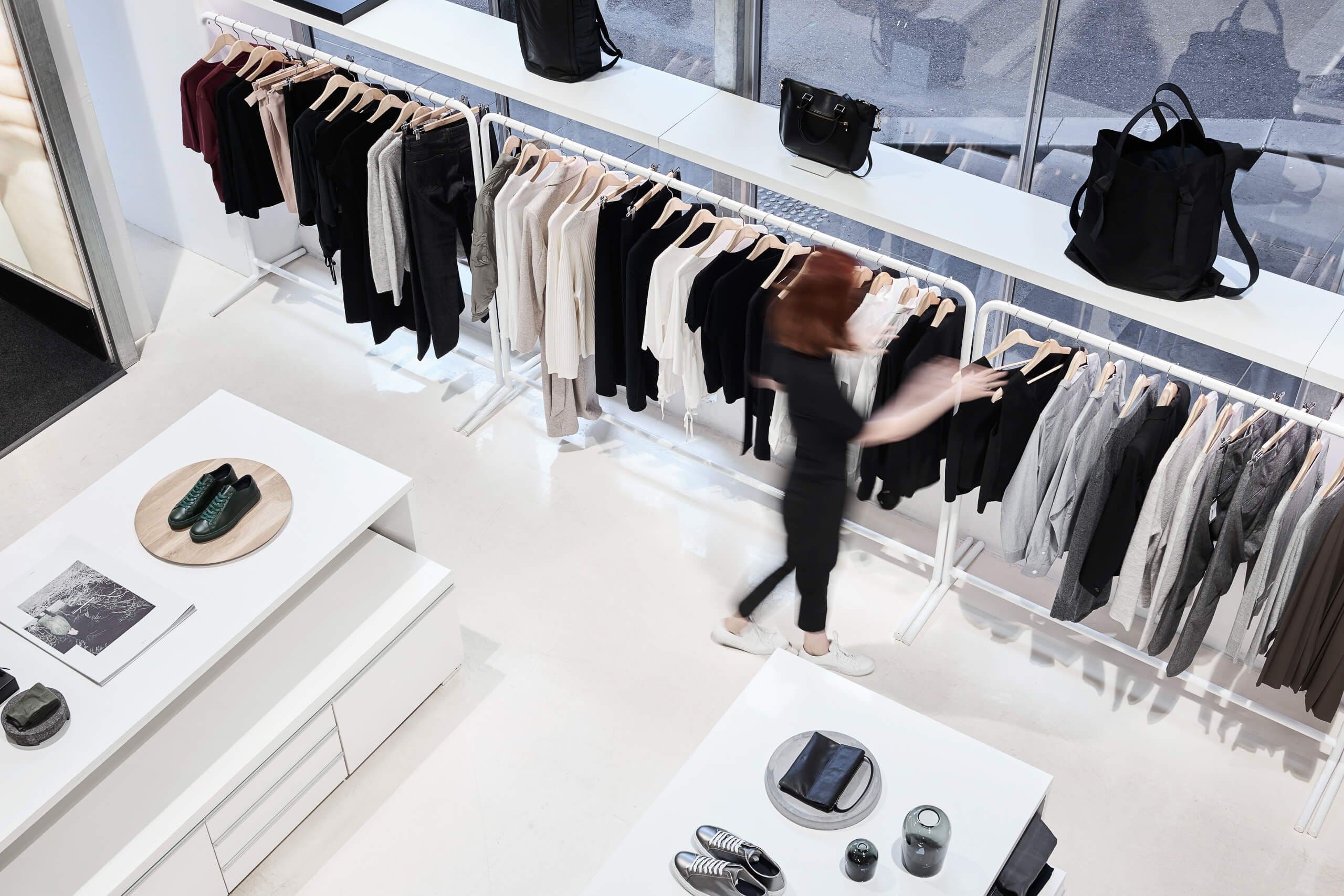 Mezanine view of clothing racks