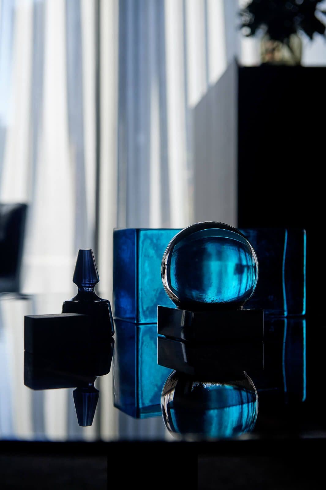 Blue toned items on a desk