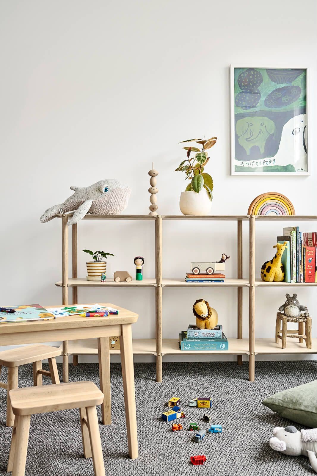 Play area with toys and shelves