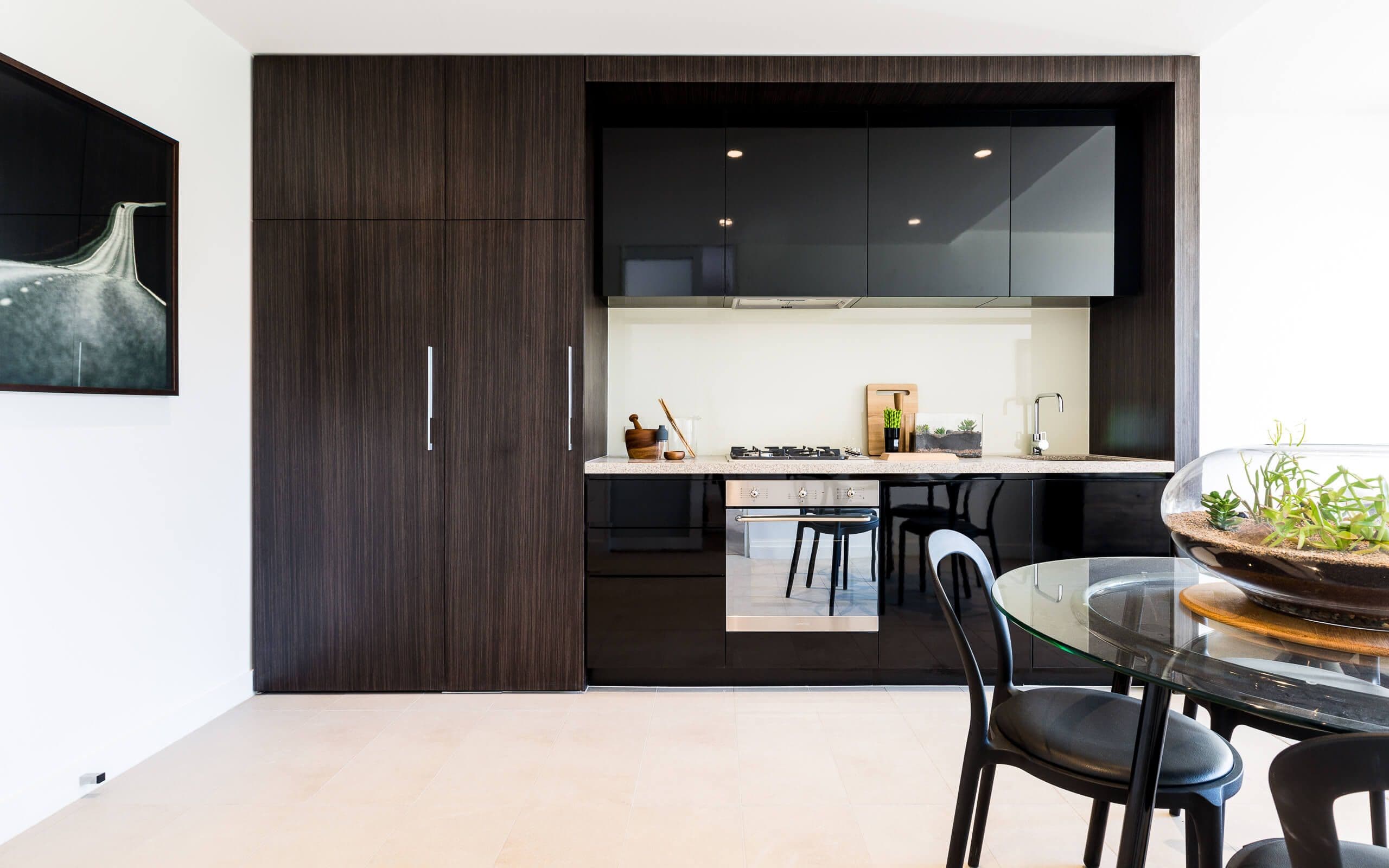 Wide shot of kitchen area