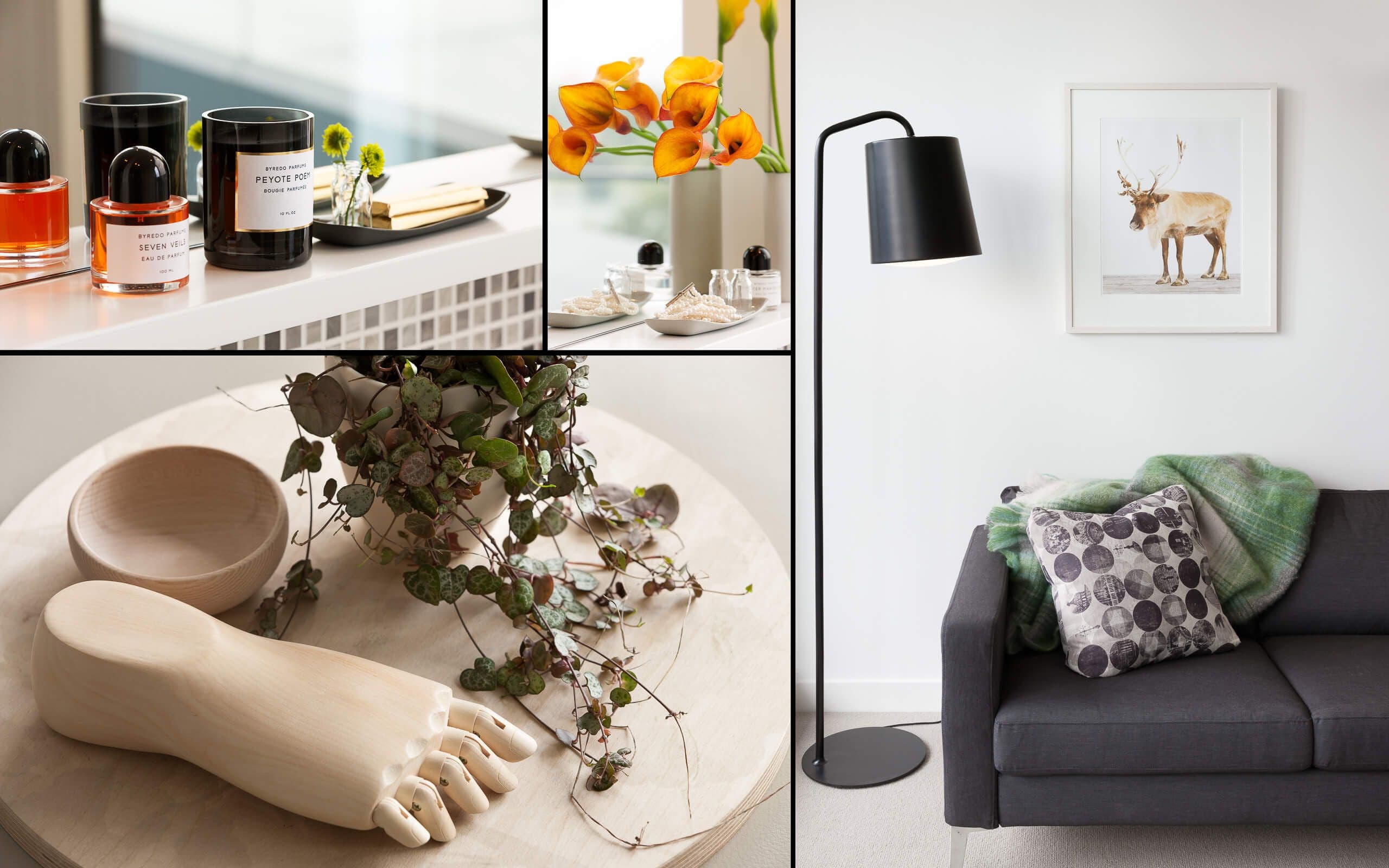 Multi photo, counter items, a side table, lounge area