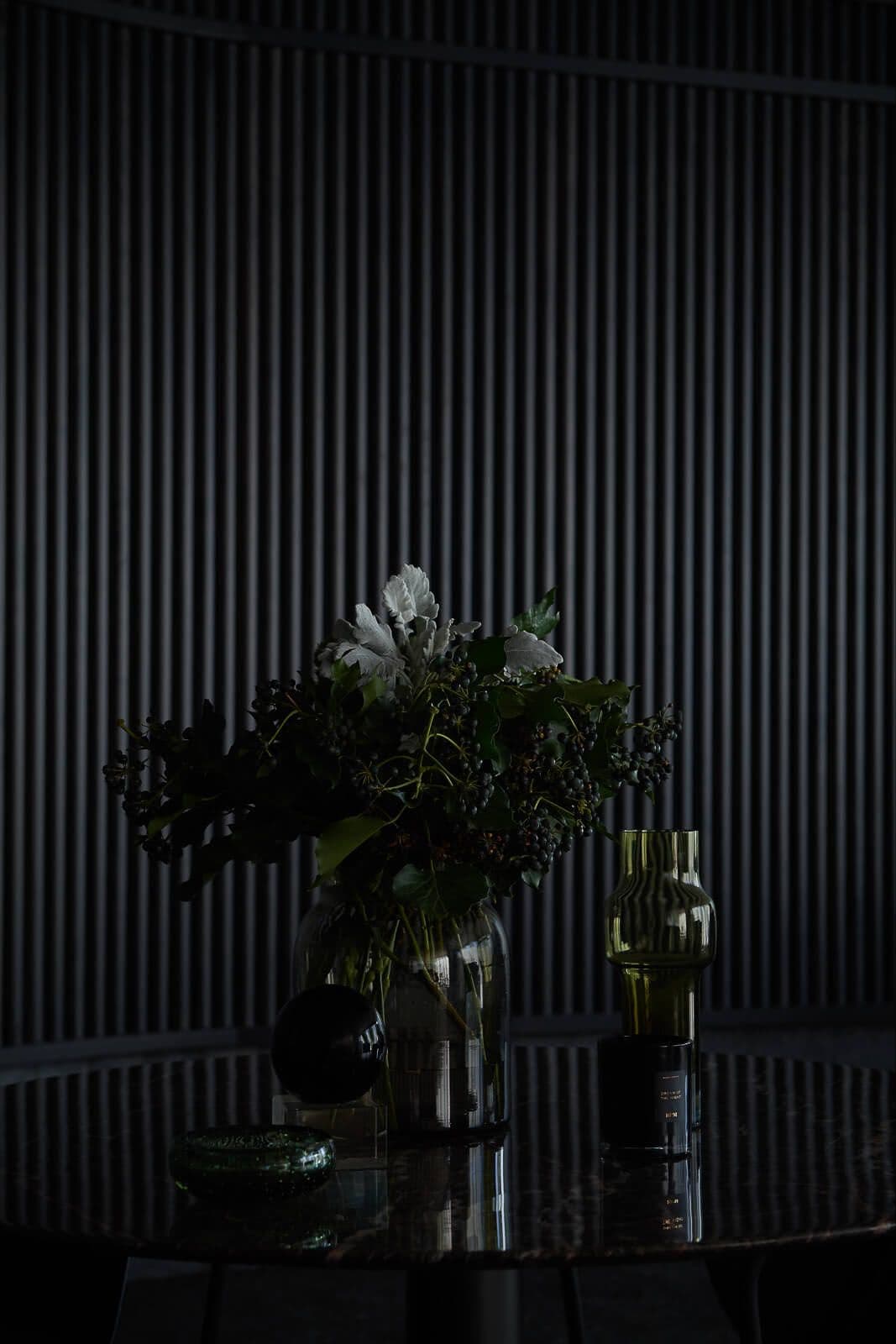 Dark leaved plants against a dark wall