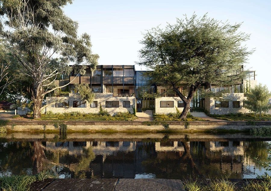 Ruskin street render by Gabriel Saunders. Units across river amongst trees.