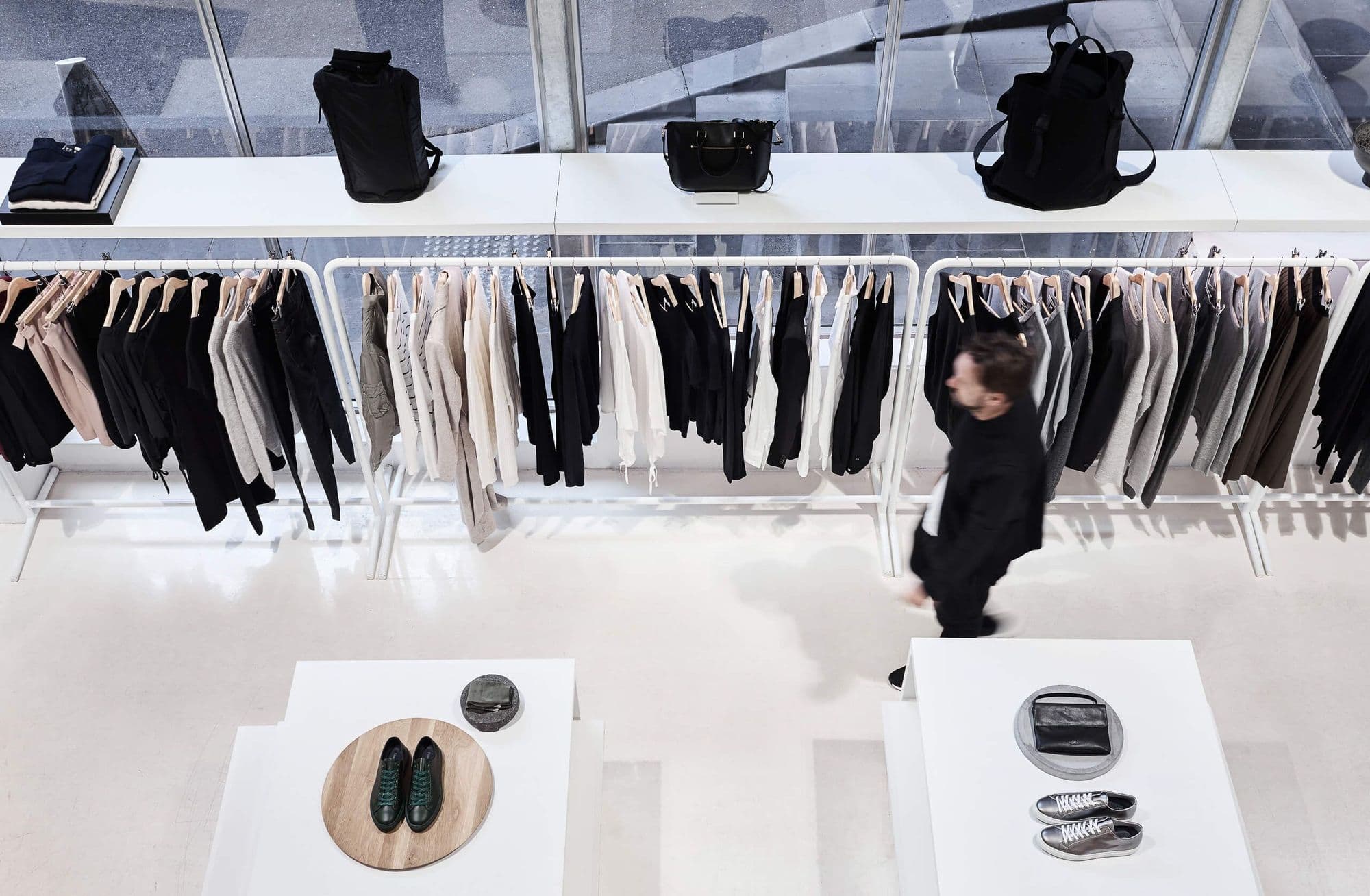 Mezanine view of clothing racks